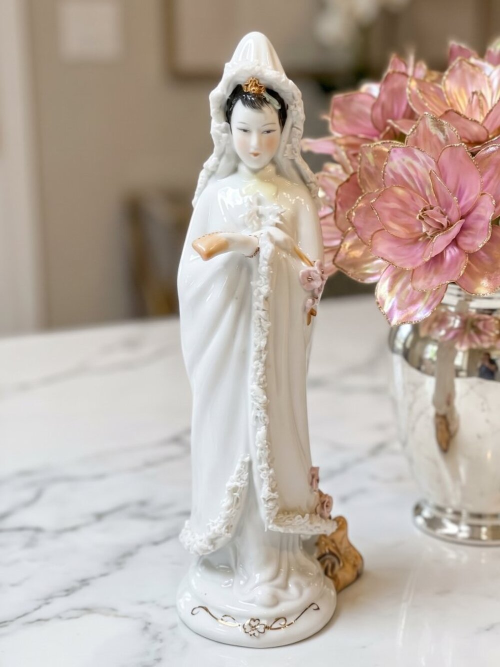 Vintage TS Creation Asian Bride Porcelain Figurine 12.5" White Lace Veil